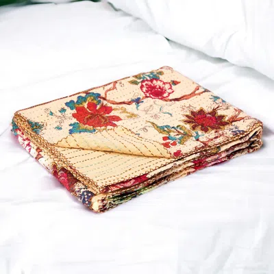 Homezia 50" X 70" Yellow And Red Kantha Cotton Floral Throw Blanket With Embroidery
