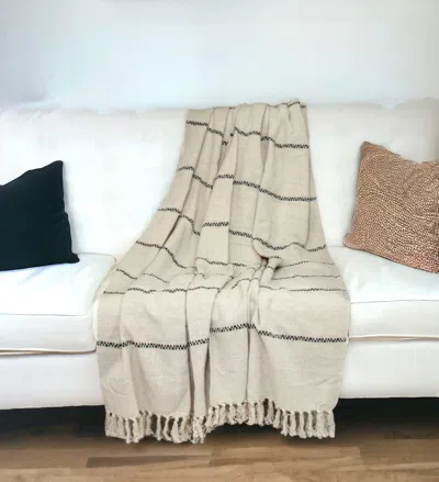 Homezia 52" X 67" Beige And Black Woven Cotton Striped Throw Blanket With Tassels