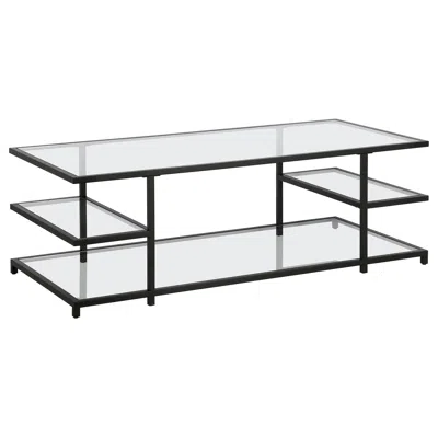 Homezia 54" Black Glass And Steel Coffee Table With Three Shelves