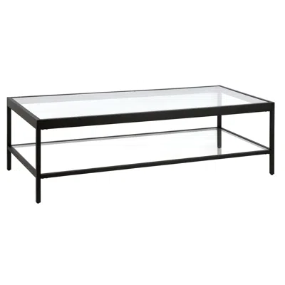 Homezia 54" Clear And Black Glass And Steel Coffee Table With Shelf