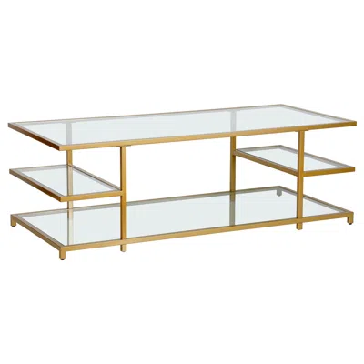 Homezia 54" Gold Glass And Steel Coffee Table With Three Shelves