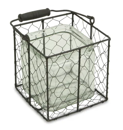 Homezia 5.5" Brown And Clear Square Wire Basket And Glass Jar