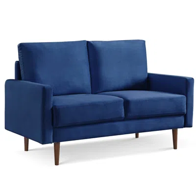 Homezia 57" Blue And Dark Brown Velvet Loveseat