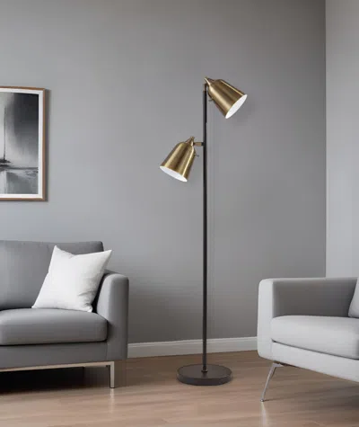 Homezia 58" Black Two Light Floor Lamp With Antiqued Brass Cone Shades