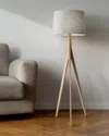 Homezia 59" Natural Solid Wood Tripod Floor Lamp With Gray Fabric Empire Shade