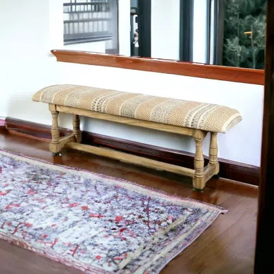Homezia 59" Orange And Ivory And Brown Upholstered Cotton Blend Trellis Bench