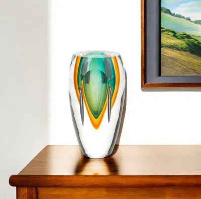 Homezia 6" Clear Amber And Green Abstract Murano Glass Table Vase