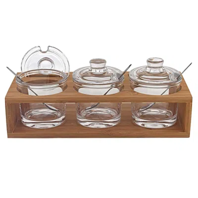 Homezia 6 Mouth Blown Crystal Jam Set With 3 Glass Jars And Spoons On A Wood Stand In Multi
