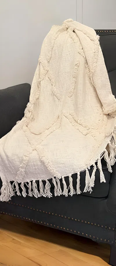 Homezia 60" X 50" Beige Woven Cotton Geometric Throw Blanket With Fringe