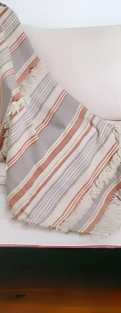 Homezia 60" X 50" Beige Woven Cotton Striped Throw Blanket With Fringe