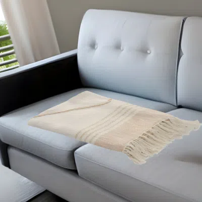 Homezia 60" X 50" Beige Woven Cotton Striped Throw Blanket With Fringe In Neutral