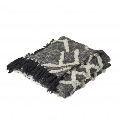 Homezia 60" X 50" Black And Gray Woven Cotton Geometric Throw Blanket With Fringe