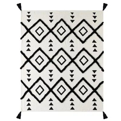 Homezia 60" X 50" Black And White Woven Cotton Geometric Throw Blanket With Tassels