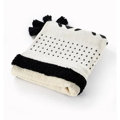 Homezia 60" X 50" Black And White Woven Cotton Striped Throw Blanket With Tassels