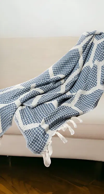 Homezia 60" X 50" Blue And Off White Woven Cotton Geometric Throw Blanket With Fringe