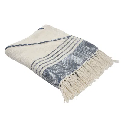 Homezia 60" X 50" Blue And Off White Woven Cotton Striped Throw Blanket With Fringe