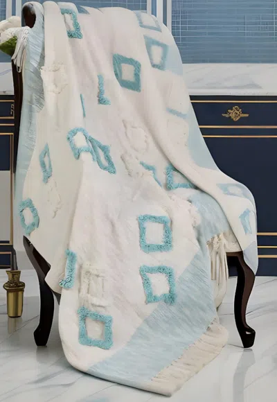 Homezia 60" X 50" Blue And White Woven Cotton Checkered Throw Blanket With Fringe