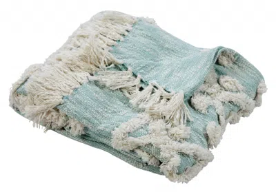 Homezia 60" X 50" Blue And White Woven Cotton Geometric Throw Blanket With Fringe