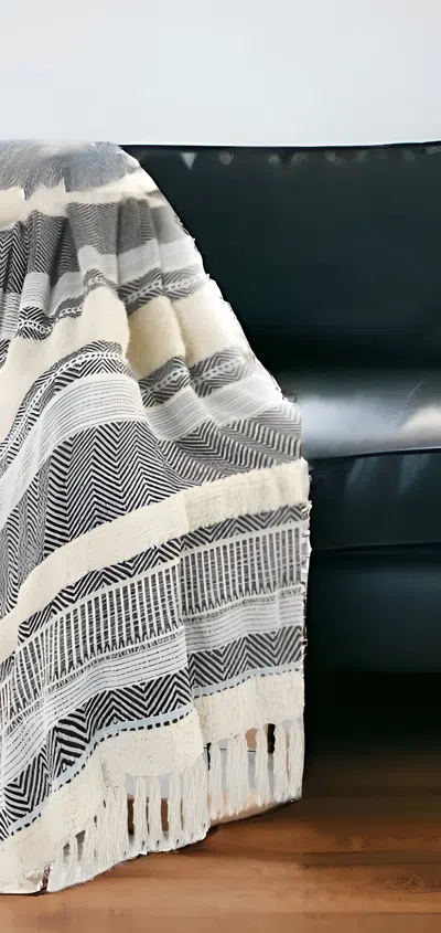Homezia 60" X 50" Cream Woven Cotton Herringbone Throw Blanket With Fringe