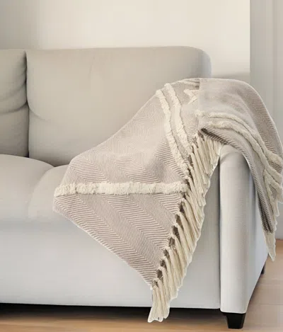 Homezia 60" X 50" Cream Woven Cotton Herringbone Throw Blanket With Fringe