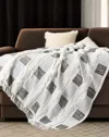 Homezia 60" X 50" Gray And White Woven Cotton Checkered Throw Blanket With Fringe