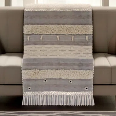 Homezia 60" X 50" Gray Woven Cotton Striped Throw Blanket With Fringe