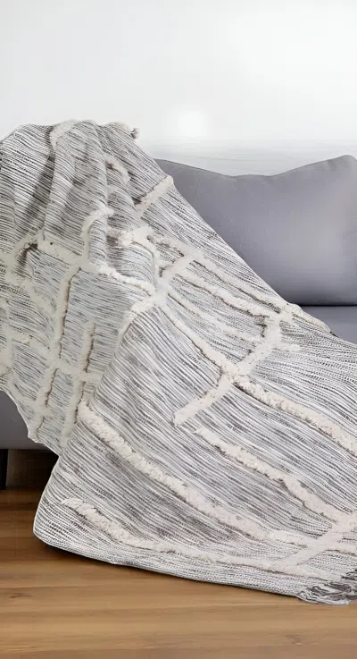 Homezia 60" X 50" Gray Woven Cotton Striped Throw Blanket With Fringe