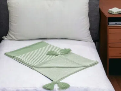 Homezia 60" X 50" Green Woven Cotton Striped Throw Blanket With Tassels