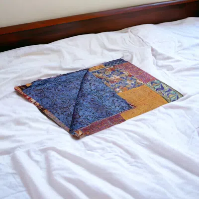 Homezia 60" X 90" Blue And Yellow Kantha Cotton Patchwork Throw Blanket With Embroidery