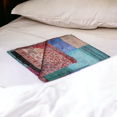 Homezia 60" X 90" Blue Brown And Green Kantha Cotton Patchwork Throw Blanket With Embroidery