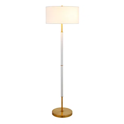 Homezia 61" Brass Two Light Floor Lamp With White Frosted Glass Drum Shade