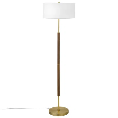 Homezia 61" Brass Two Light Floor Lamp With White Frosted Glass Drum Shade