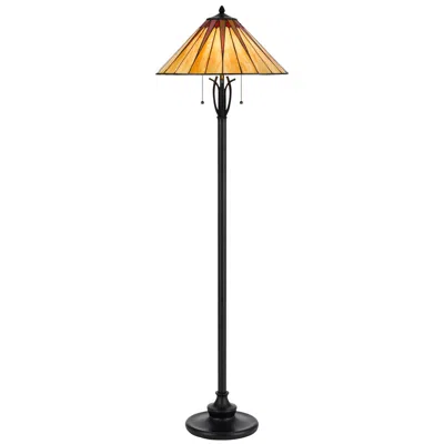 Homezia 61" Bronze Two Light Traditional Shaped Floor Lamp With Red And Ivory Abstract Tiffany Glass Empire In Brown