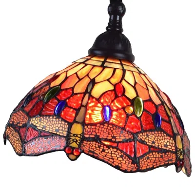 Homezia 61" Brown Traditional Shaped Floor Lamp With Red Yellow And Brown Stained Glass Dome Shade In Multi