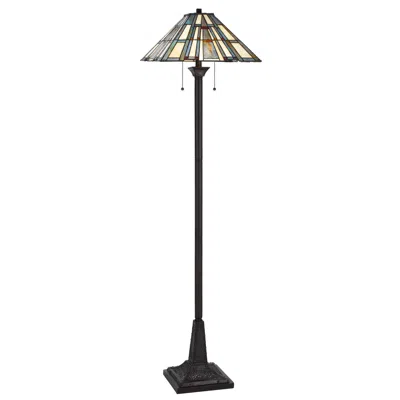 Homezia 62" Bronze Two Light Traditional Shaped Floor Lamp With Gray And Ivory Abstract Tiffany Glass Empire In Black