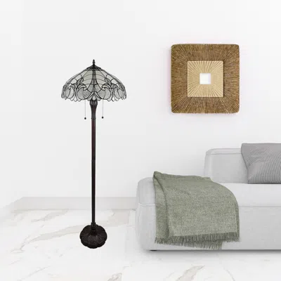 Homezia 62" Brown Two Light Torchiere Floor Lamp With White Fleur De Lis Stained Glass Dome Shade In Blue