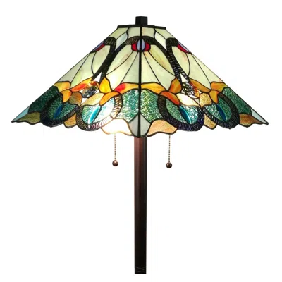 Homezia 62" Brown Two Light Traditional Shaped Floor Lamp With Brown And Blue Stained Glass Cone Shade In Multi