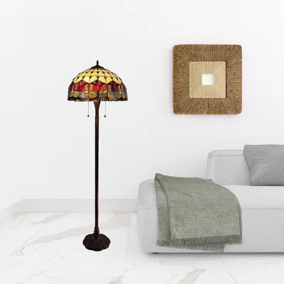 Homezia 62" Brown Two Light Traditional Shaped Floor Lamp With Red Flowers Stained Glass Dome Shade In Multi