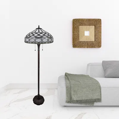 Homezia 62" Brown Two Light Traditional Shaped Floor Lamp With White Stained Glass Bowl Shade In Black