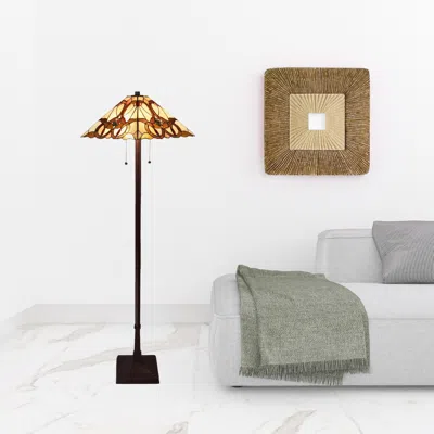 Homezia 62" Brown Two Lights Traditional Shaped Floor Lamp With Brown And White Stained Glass Cone Shade