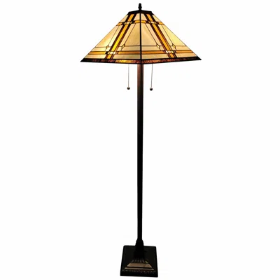 Homezia 62" Brown Two Lights Traditional Shaped Floor Lamp With Brown And White Stained Glass Cone Shade In Black