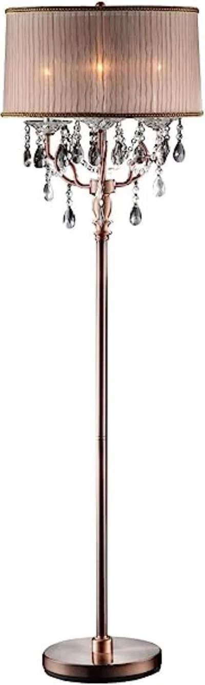Homezia 62" Steel Three Light Candelabra Floor Lamp With Silvery Pink Drum Shade In Brown