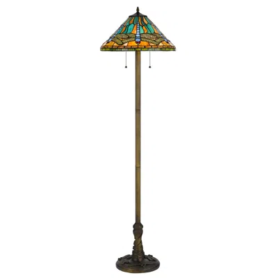 Homezia 63" Brass Two Light Traditional Shaped Floor Lamp With Blue And Orange Dragonfly Tiffany Glass Empir In Multi