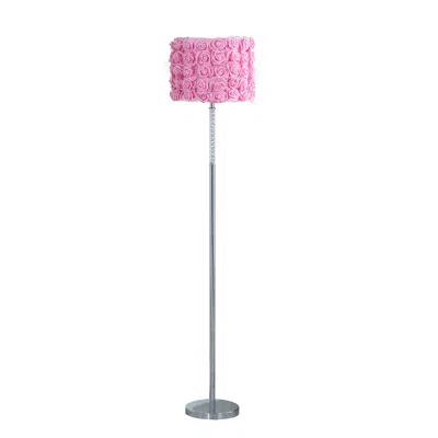 Homezia 63" Steel And Acrylic Floor Lamp With Pink Flowers Fabric Drum Shade
