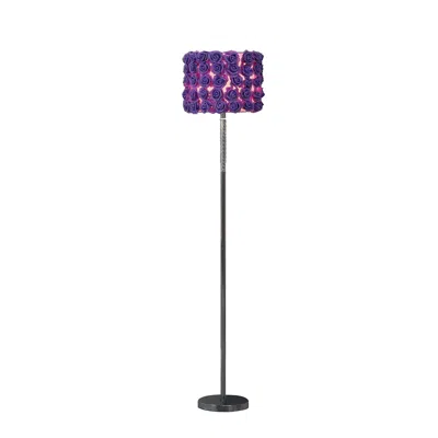 Homezia 63" Steel And Acrylic Floor Lamp With Purple Flowers Fabric Drum Shade In Gray