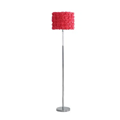 Homezia 63" Steel And Acrylic Floor Lamp With Red Flowers Fabric Drum Shade