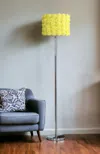 Homezia 63" Steel And Acrylic Floor Lamp With Yellow Flowers Fabric Drum Shade