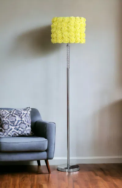 Homezia 63" Steel And Acrylic Floor Lamp With Yellow Flowers Fabric Drum Shade