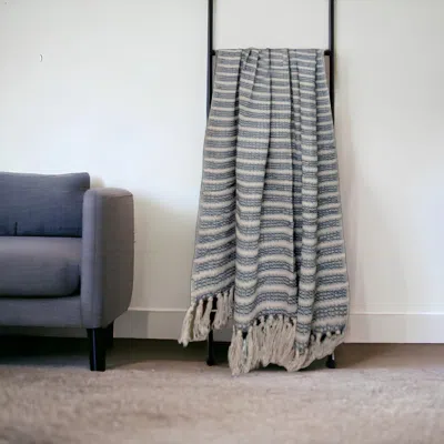 Homezia 67" X 52" Blue And Gray Quilted Cotton Striped Throw Blanket