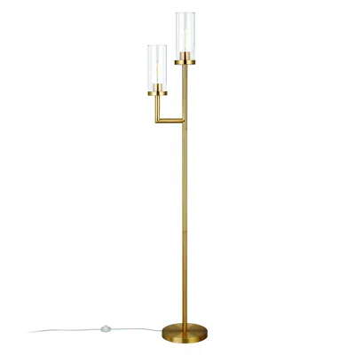 Homezia 69" Brass Two Light Torchiere Floor Lamp With Clear Transparent Glass Drum Shade
